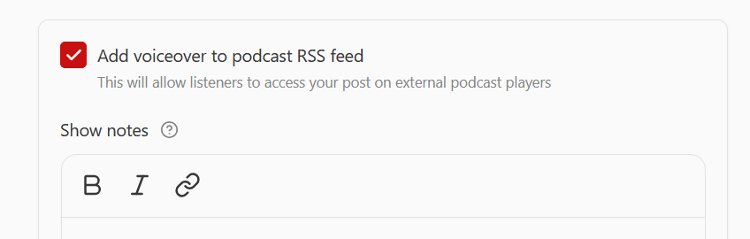 Substack publishing settings showing the "Add voiceover to podcast RSS feed" checkbox ticked