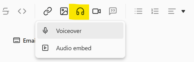 Substack post editor toolbar with the headphones icon highlighted and a dropdown showing Voiceover and Audio embed options